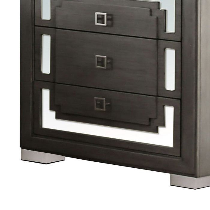 Wood and Mirror Nightstand with 3 Drawer Storage, Gray and Clear