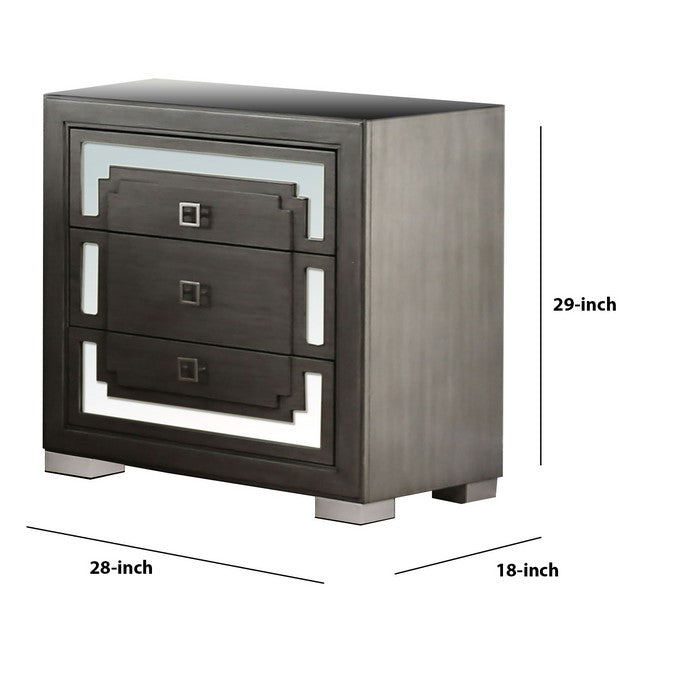 Wood and Mirror Nightstand with 3 Drawer Storage, Gray and Clear