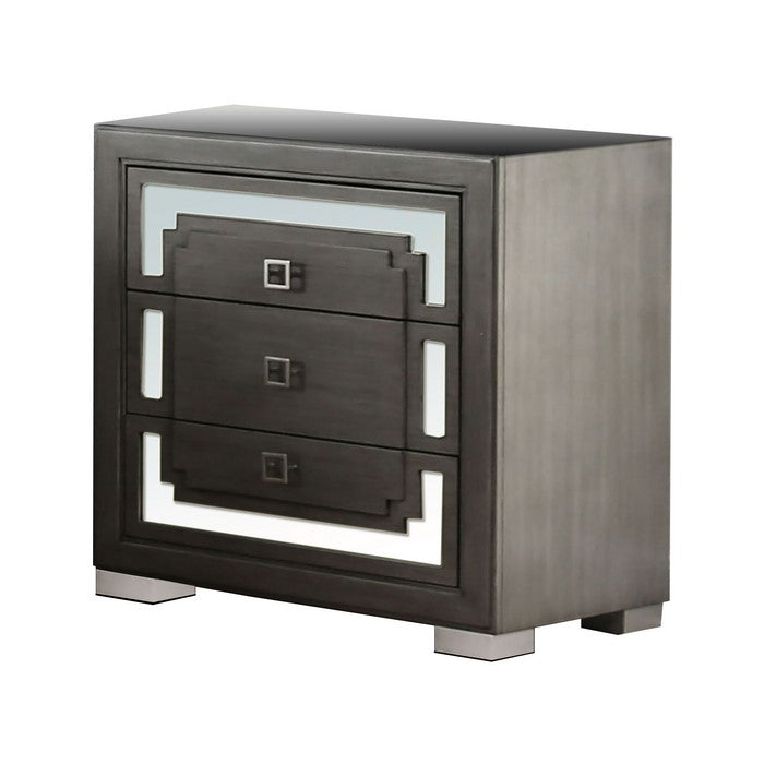 Wood and Mirror Nightstand with 3 Drawer Storage, Gray and Clear