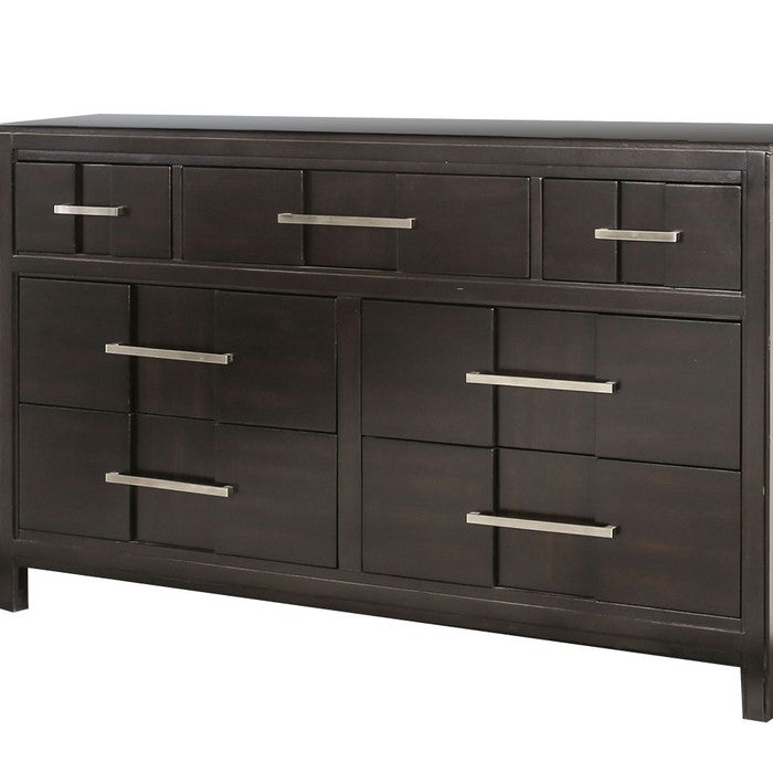 Wooden Dresser with 7 Drawers and Metal Pull, Brown and Silver