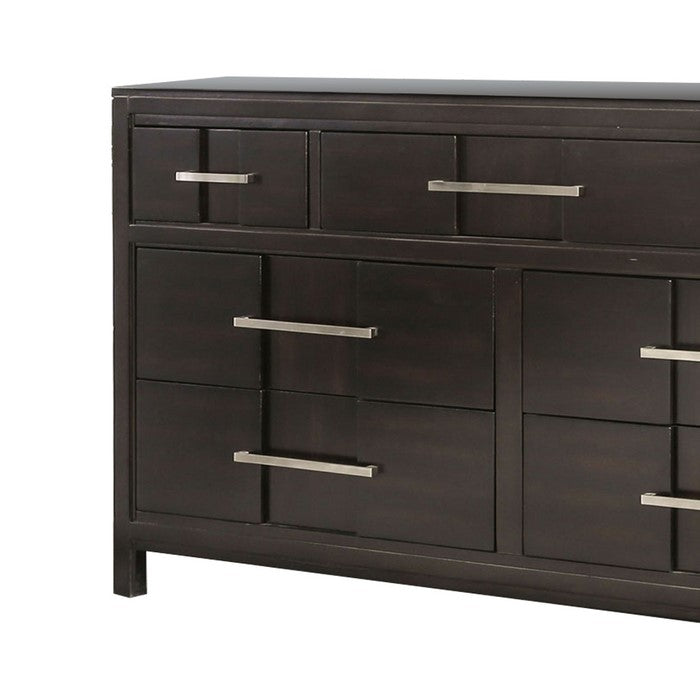 Wooden Dresser with 7 Drawers and Metal Pull, Brown and Silver