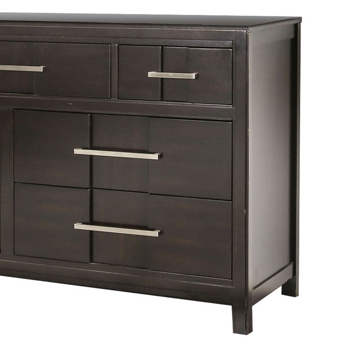 Wooden Dresser with 7 Drawers and Metal Pull, Brown and Silver