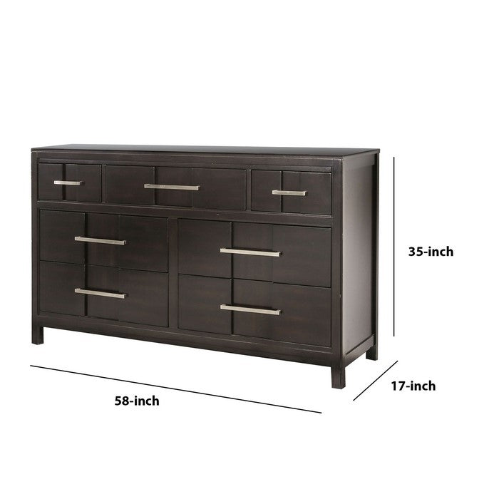 Wooden Dresser with 7 Drawers and Metal Pull, Brown and Silver