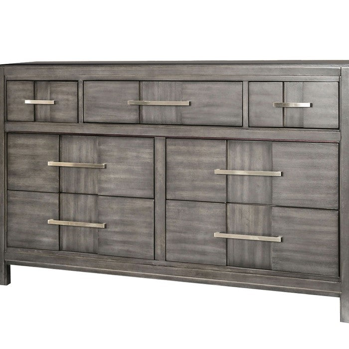 Wooden Dresser with 7 Drawers and Metal Pull, Gray and Silver