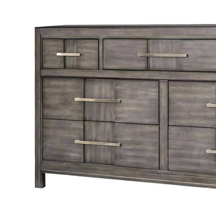 Wooden Dresser with 7 Drawers and Metal Pull, Gray and Silver