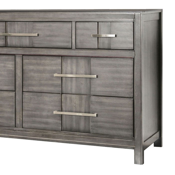 Wooden Dresser with 7 Drawers and Metal Pull, Gray and Silver