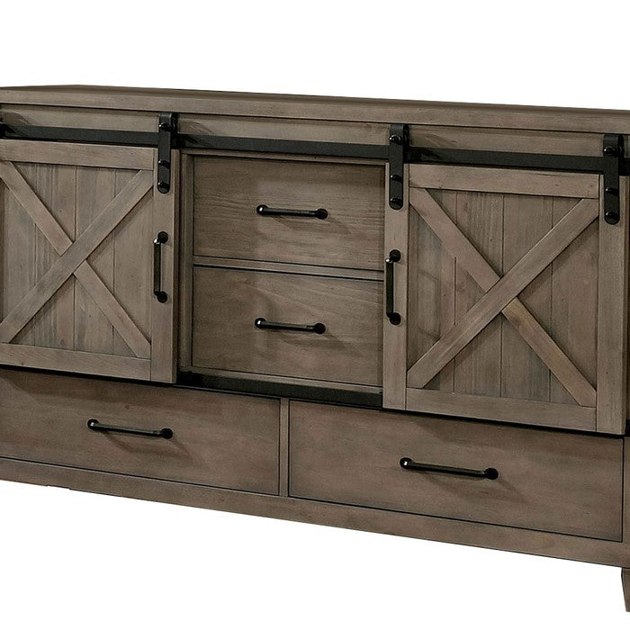 Wood and Metal Dresser with Sliding Cabinets, Taupe Brown and Black