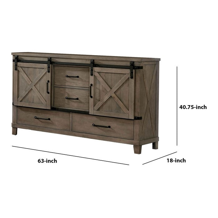 Wood and Metal Dresser with Sliding Cabinets, Taupe Brown and Black