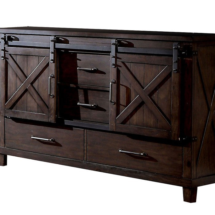 Farmhouse Wood and Metal Dresser with Sliding Cabinets, Walnut Brown