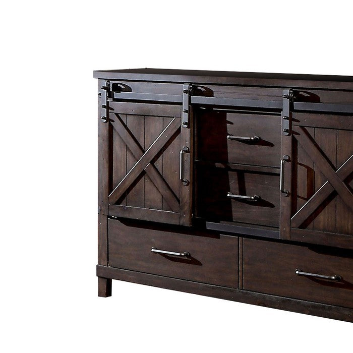 Farmhouse Wood and Metal Dresser with Sliding Cabinets, Walnut Brown