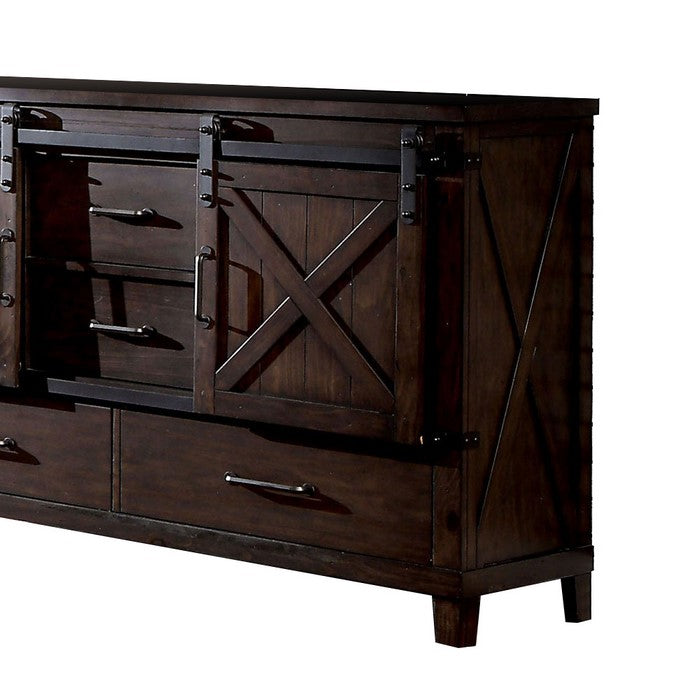 Farmhouse Wood and Metal Dresser with Sliding Cabinets, Walnut Brown