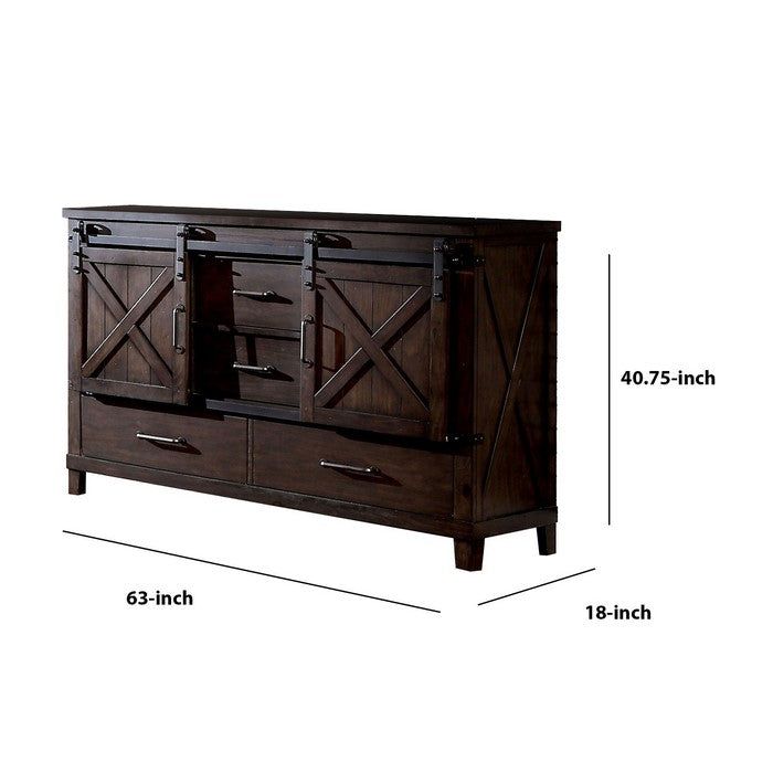 Farmhouse Wood and Metal Dresser with Sliding Cabinets, Walnut Brown