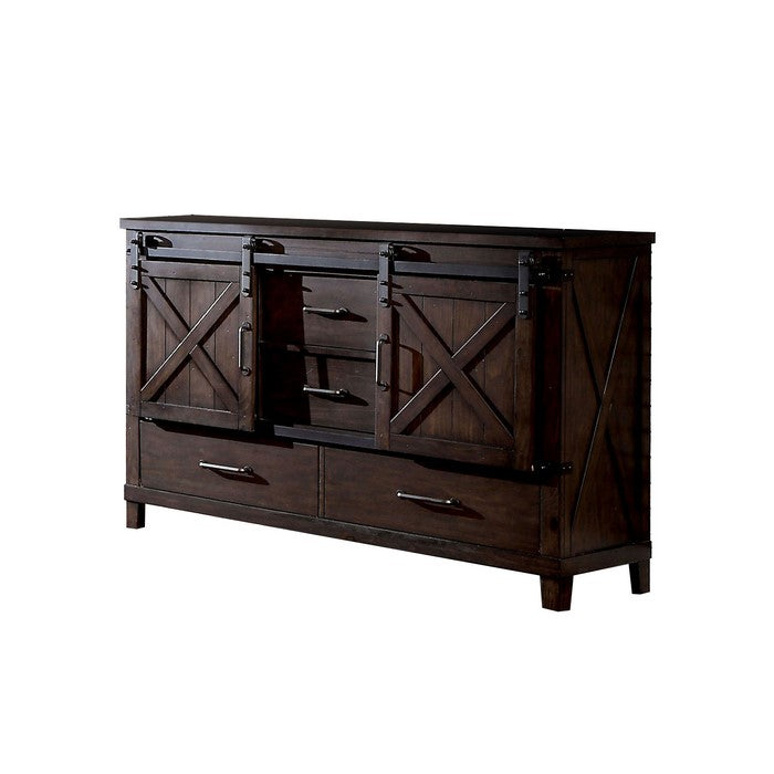 Farmhouse Wood and Metal Dresser with Sliding Cabinets, Walnut Brown