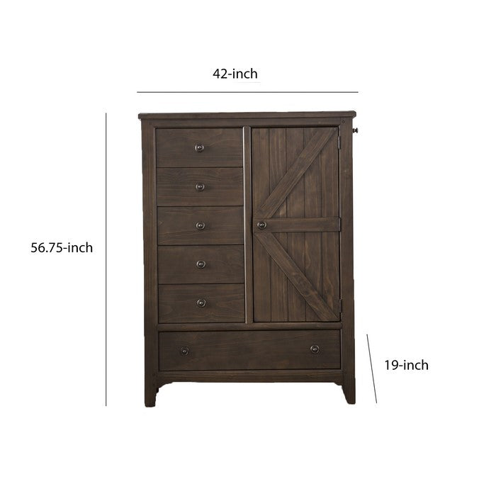 Wood and Metal Armoire with 6 Drawers and 1 Door Cabinet, Walnut Brown