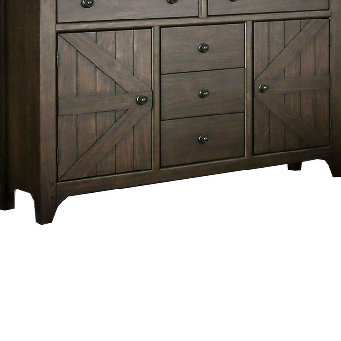 Traditional Wooden Dresser with 5 Drawer and 2 cabinets, Walnut Brown