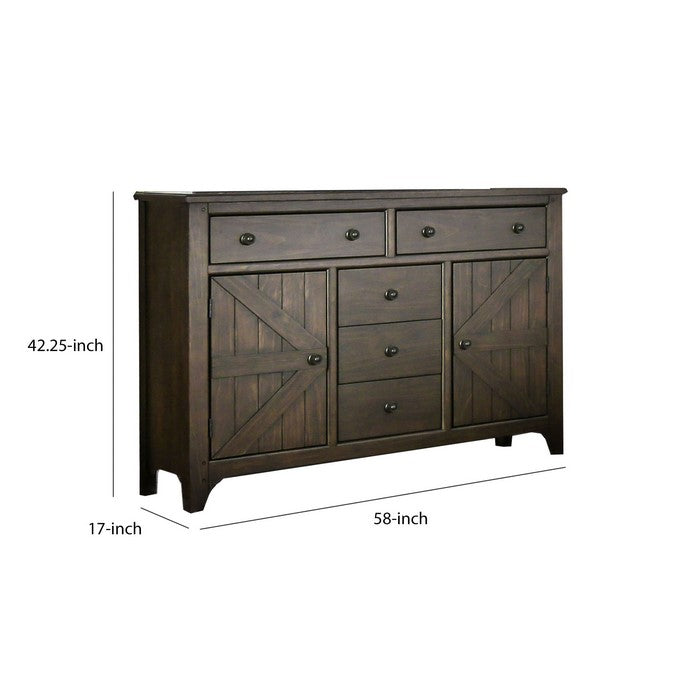 Traditional Wooden Dresser with 5 Drawer and 2 cabinets, Walnut Brown