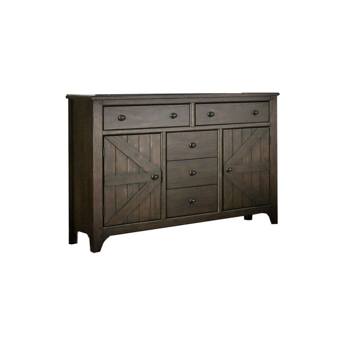 Traditional Wooden Dresser with 5 Drawer and 2 cabinets, Walnut Brown