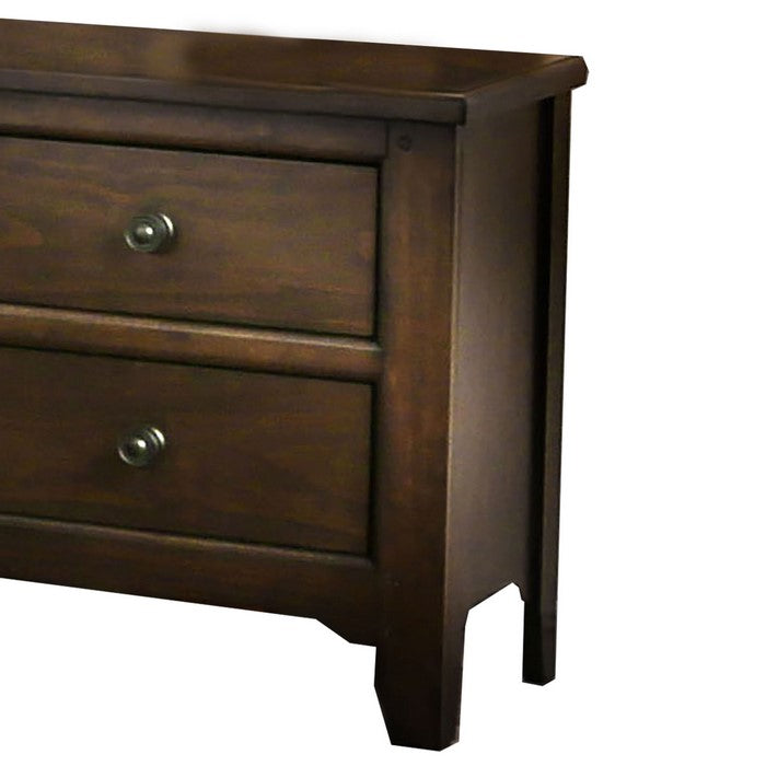 Wooden Nightstand with 2 Drawers and Chamfered Leg, Walnut Brown