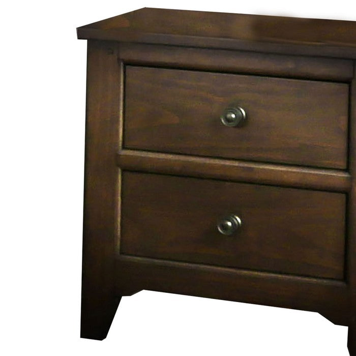 Wooden Nightstand with 2 Drawers and Chamfered Leg, Walnut Brown