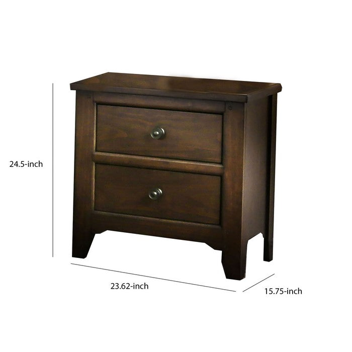 Wooden Nightstand with 2 Drawers and Chamfered Leg, Walnut Brown