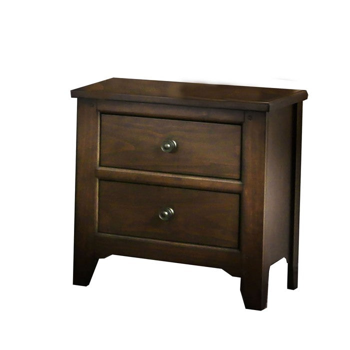 Wooden Nightstand with 2 Drawers and Chamfered Leg, Walnut Brown