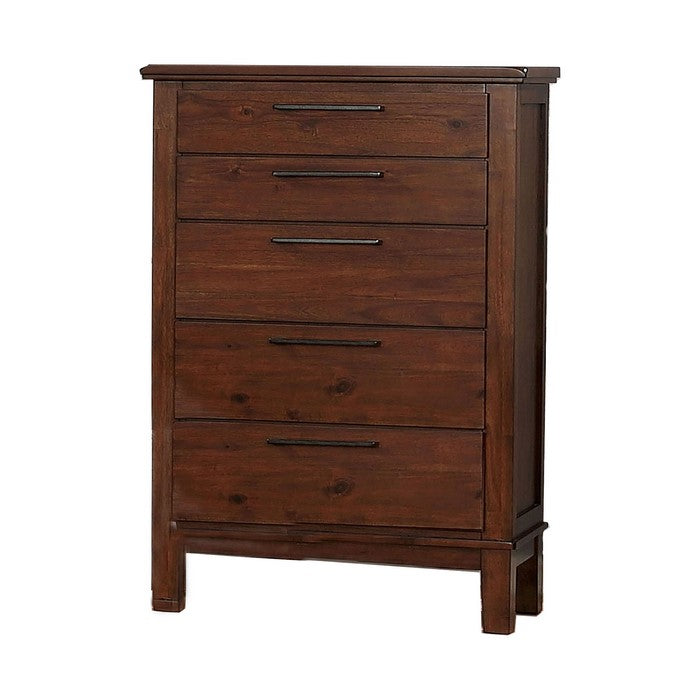 Wood and Metal Chest with 5 Drawers, Cherry Brown and Black