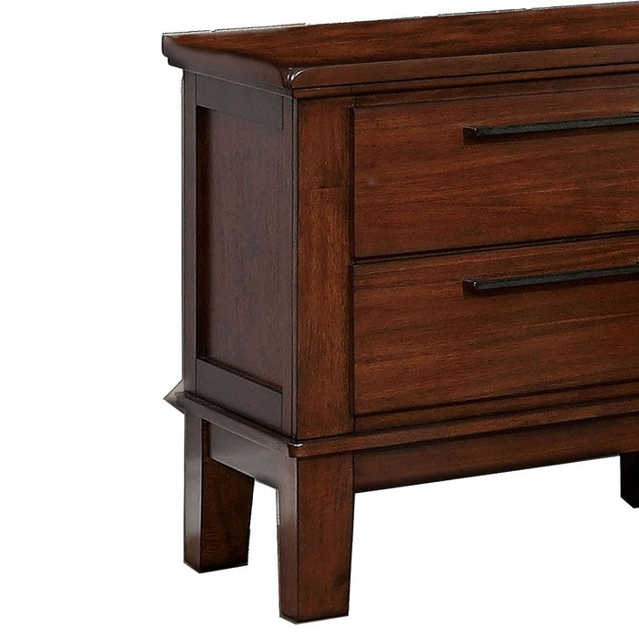 Wood and Metal Nightstand with 2 Drawers, Cherry Brown and Black
