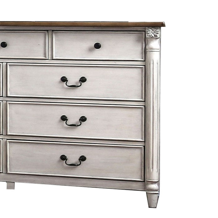 Wooden Dresser with 9 Drawers and Turned Legs, White and Brown
