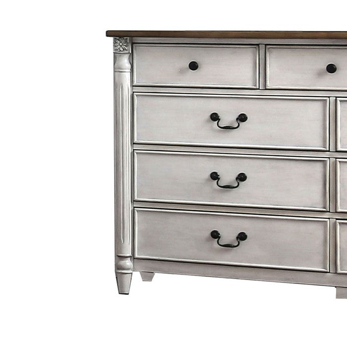 Wooden Dresser with 9 Drawers and Turned Legs, White and Brown