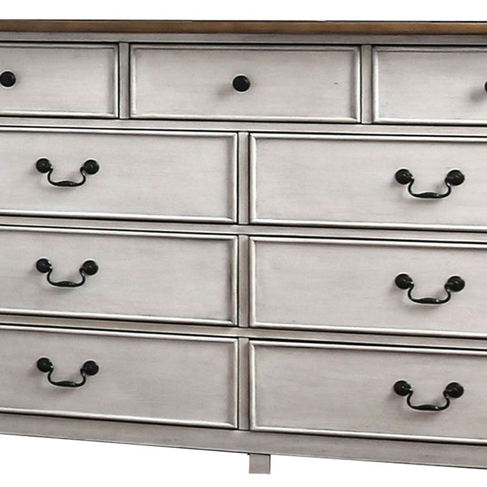 Wooden Dresser with 9 Drawers and Turned Legs, White and Brown