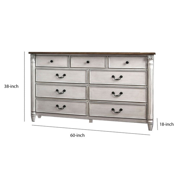 Wooden Dresser with 9 Drawers and Turned Legs, White and Brown