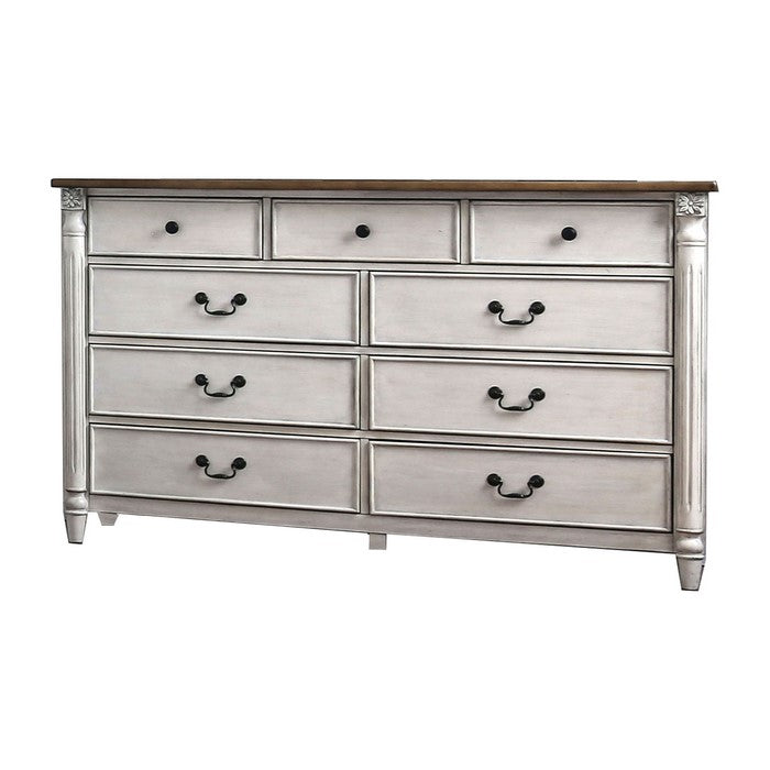 Wooden Dresser with 9 Drawers and Turned Legs, White and Brown