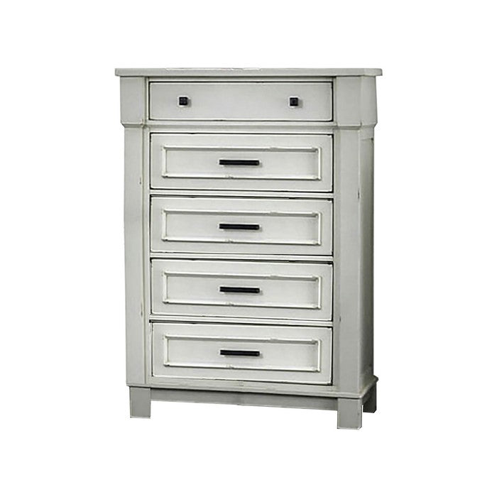 Wooden Chest with 5 Drawers and Turned Legs, White and Brown