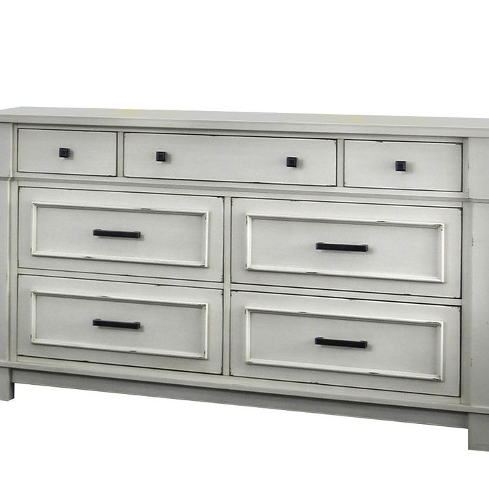Wood and Metal Dresser with 7 Drawers and Block Legs, White and Black