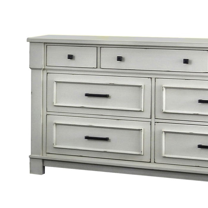 Wood and Metal Dresser with 7 Drawers and Block Legs, White and Black