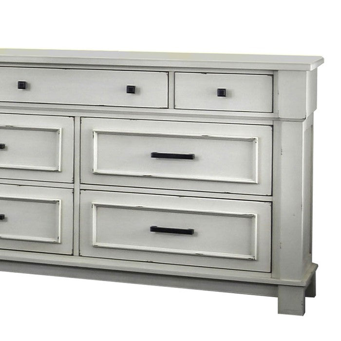 Wood and Metal Dresser with 7 Drawers and Block Legs, White and Black