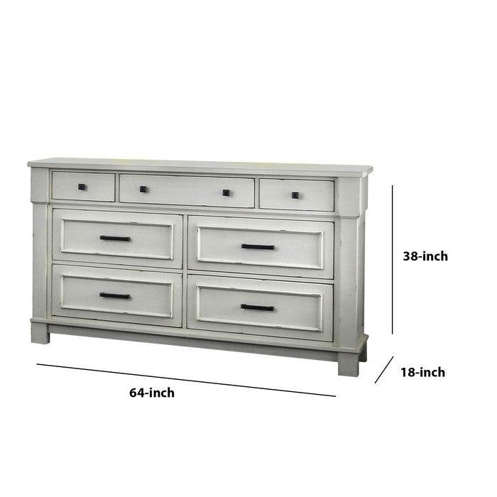 Wood and Metal Dresser with 7 Drawers and Block Legs, White and Black