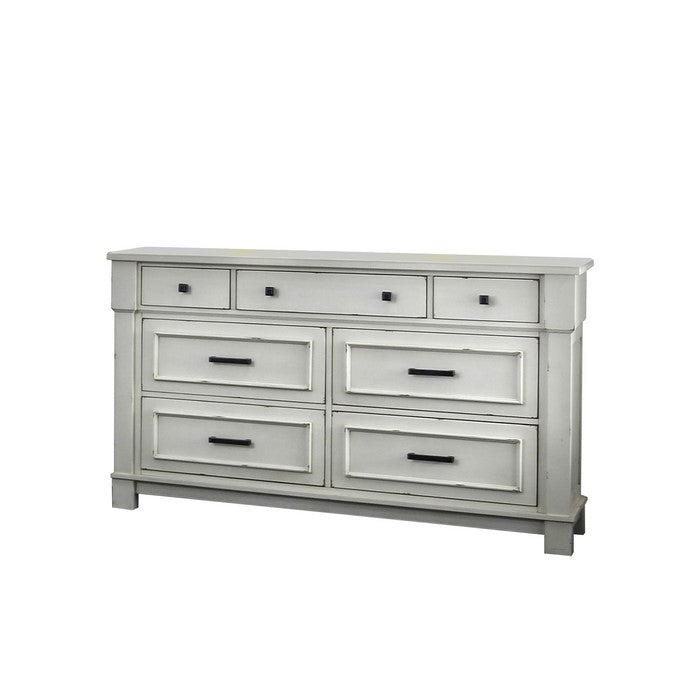 Wood and Metal Dresser with 7 Drawers and Block Legs, White and Black