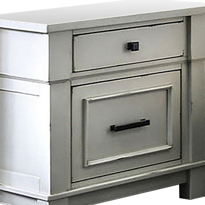 Wood and Metal Nightstand with 2 Drawers, White and Black