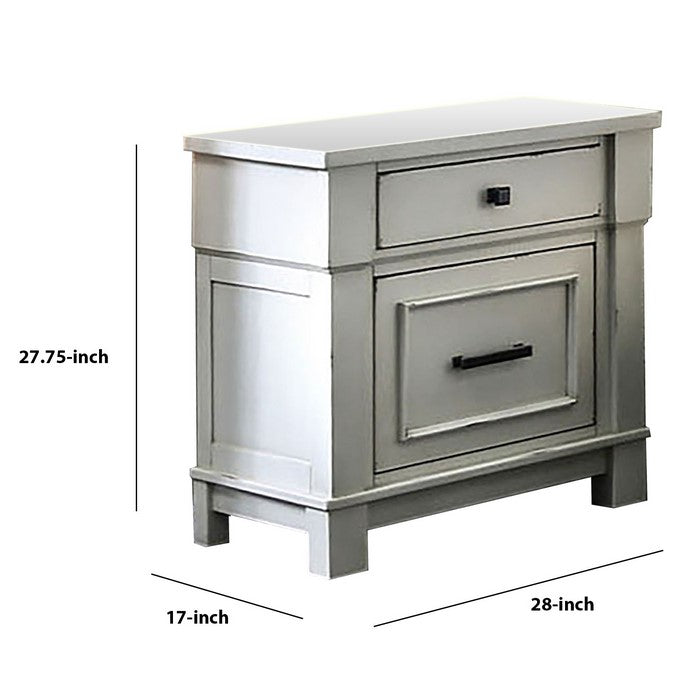 Wood and Metal Nightstand with 2 Drawers, White and Black