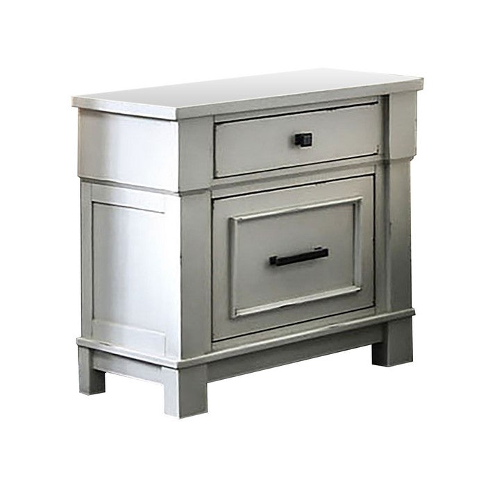 Wood and Metal Nightstand with 2 Drawers, White and Black