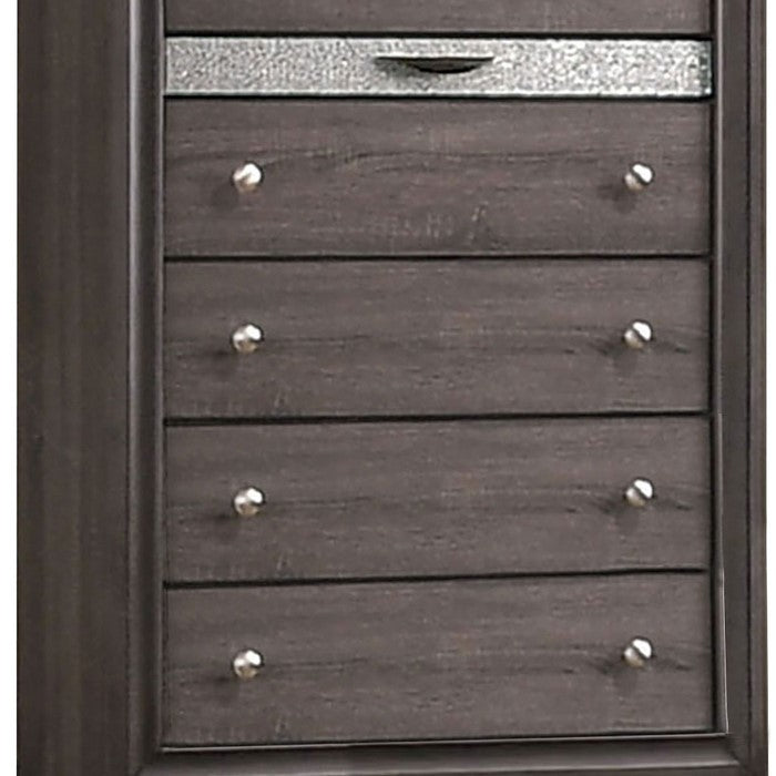 Wooden Chest with 5 Drawers and Hidden Jewelry Drawer, Gray and Silver
