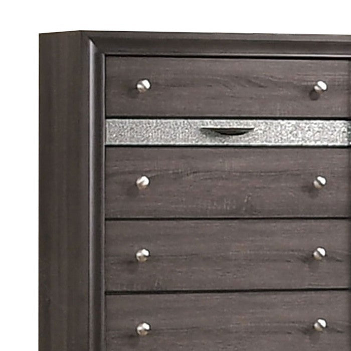Wooden Chest with 5 Drawers and Hidden Jewelry Drawer, Gray and Silver