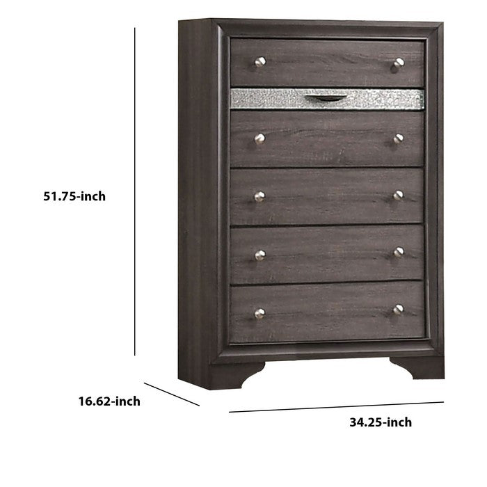 Wooden Chest with 5 Drawers and Hidden Jewelry Drawer, Gray and Silver