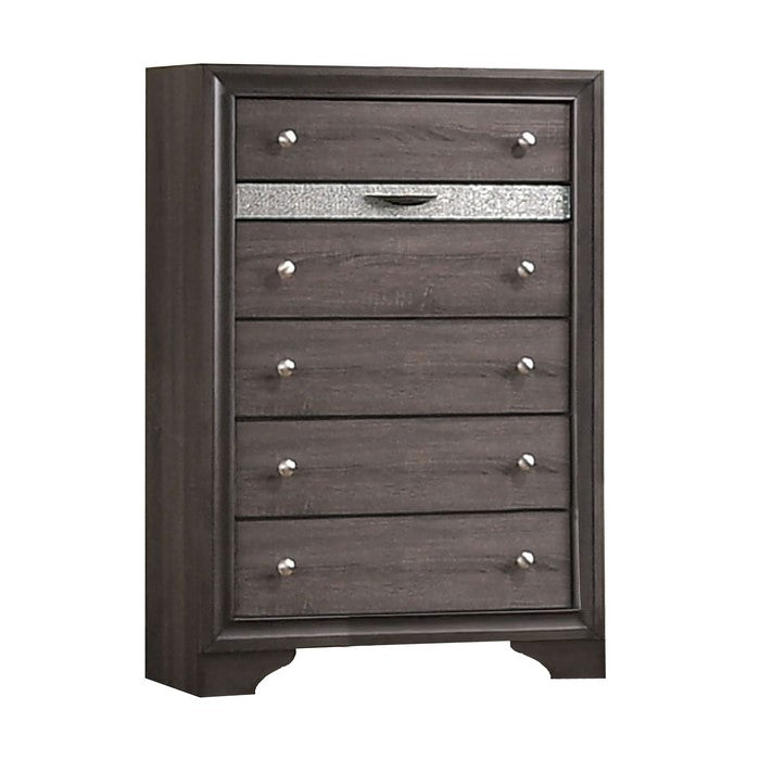 Wooden Chest with 5 Drawers and Hidden Jewelry Drawer, Gray and Silver