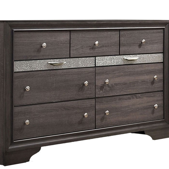 Wooden Dresser with 7 Drawers and 2 Jewelry Drawer, Gray and Silver