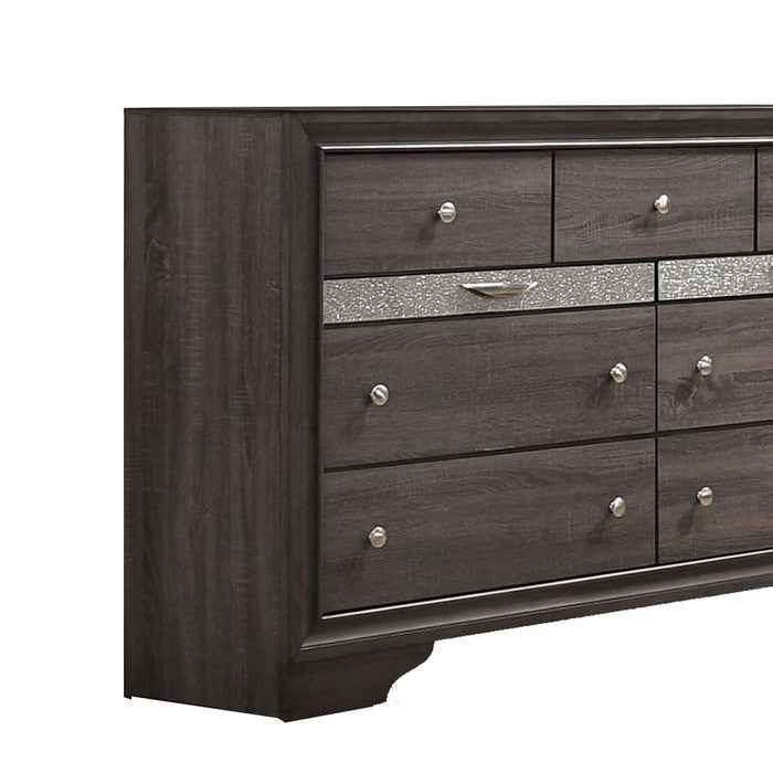 Wooden Dresser with 7 Drawers and 2 Jewelry Drawer, Gray and Silver