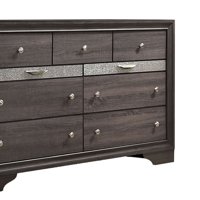 Wooden Dresser with 7 Drawers and 2 Jewelry Drawer, Gray and Silver