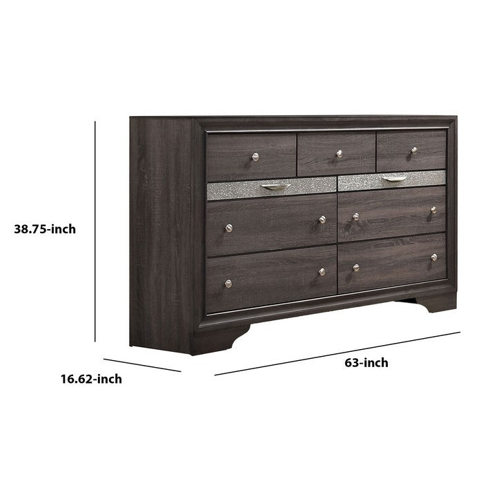 Wooden Dresser with 7 Drawers and 2 Jewelry Drawer, Gray and Silver