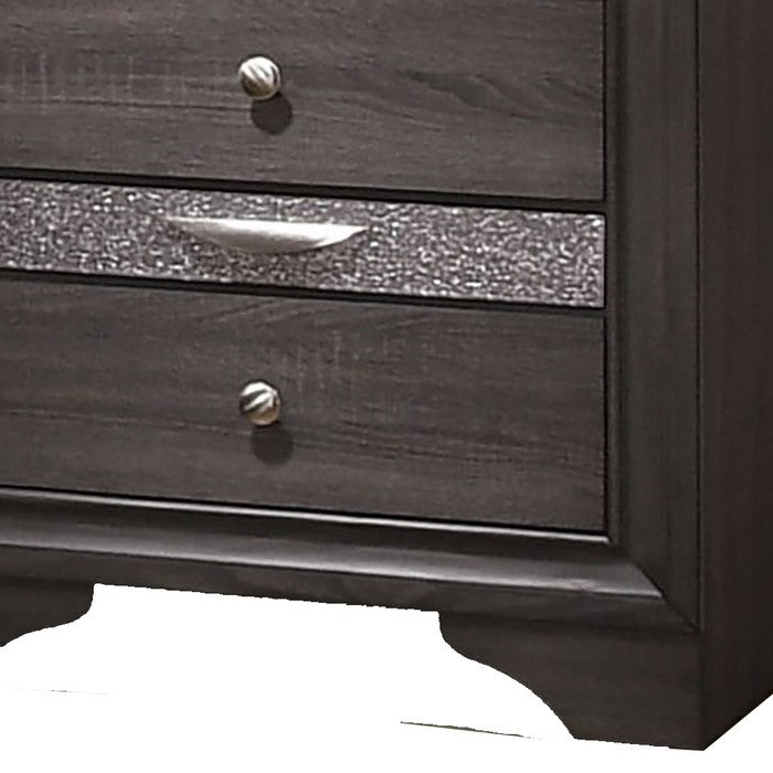 Wooden Nightstand with 2 Drawers and 1 Jewelry Drawer, Gray and Silver